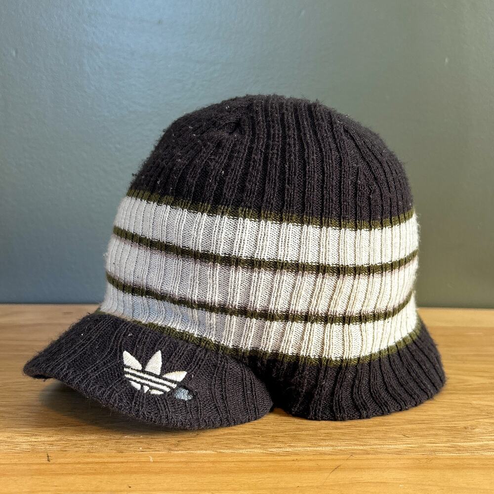 Adidas Originals Trefoil Y2K Brown White Olive Striped Knit Visor Beanie Hat